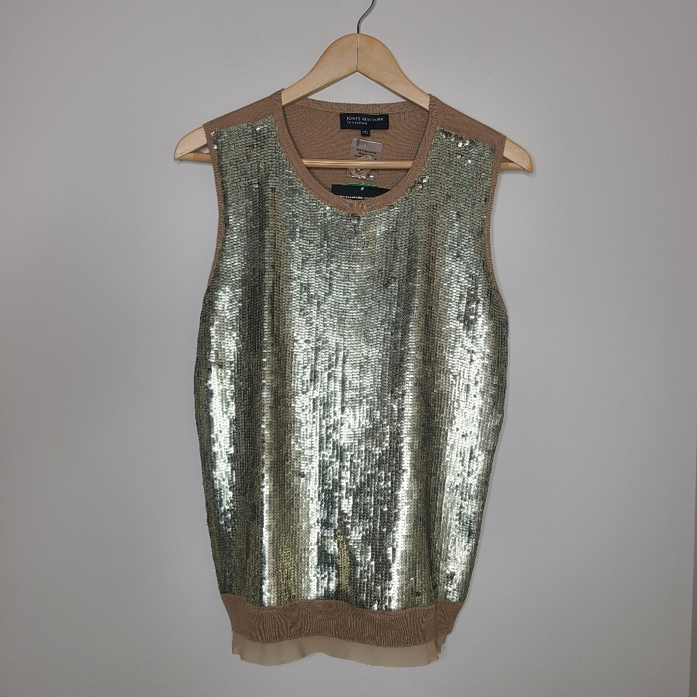 Jones New York Collection Gold Sleeveless Sequin Sweater‎ Vest Size Large